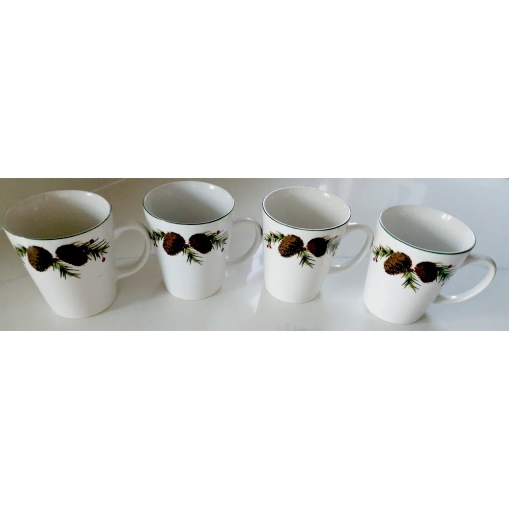 Totally Today Pinecone Berries Ceramic White Coffee Tea Mugs Set Of Four